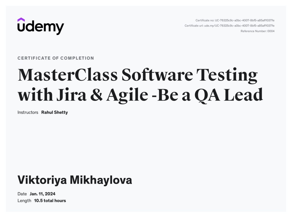 Viktoriya Mikhaylova’s Udemy Certificate – Master Class: Software Testing with Jira & Agile – Be a QA Lead