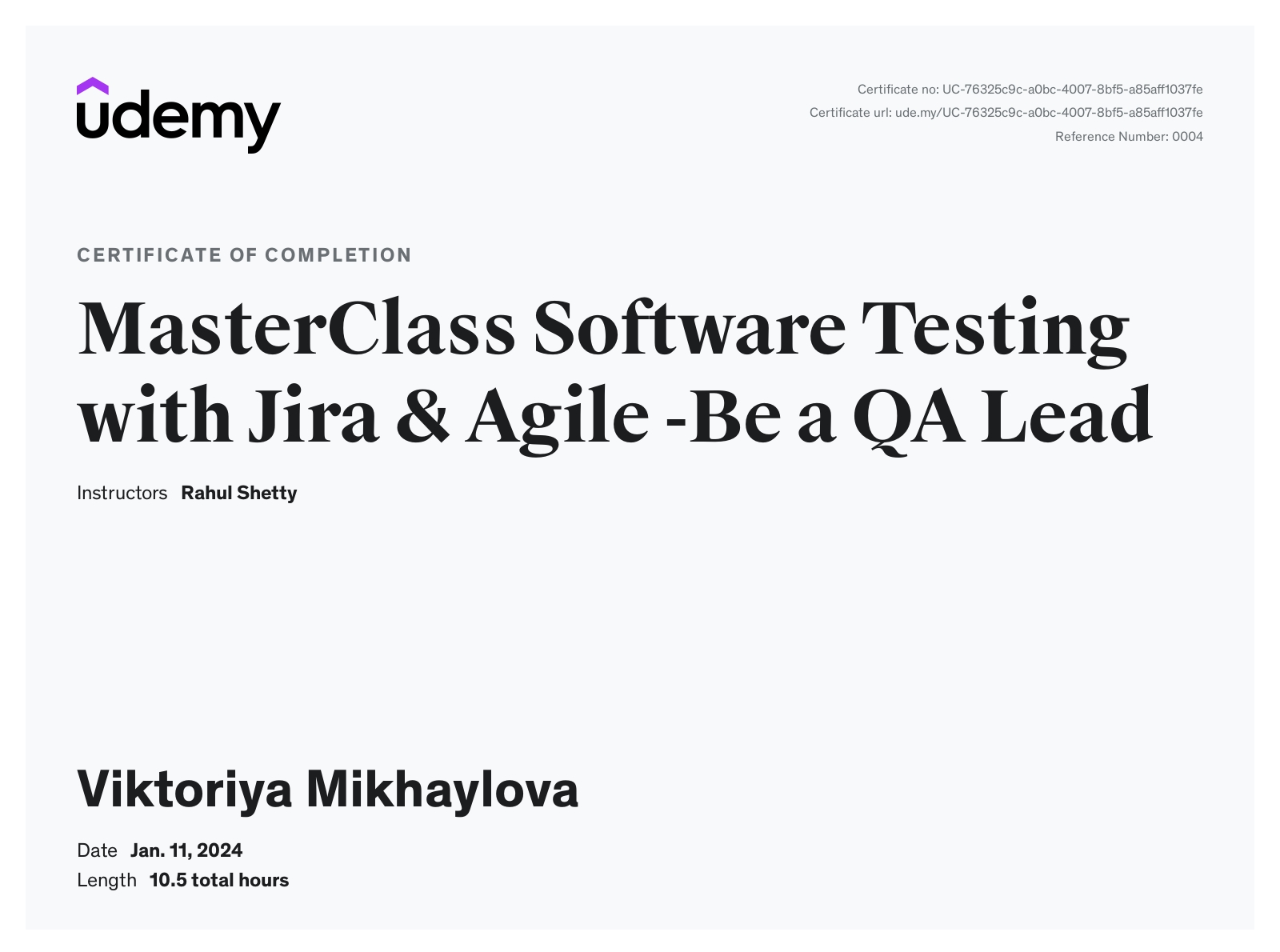 Viktoriya Mikhaylova’s Udemy Certificate – Master Class: Software Testing with Jira & Agile – Be a QA Lead