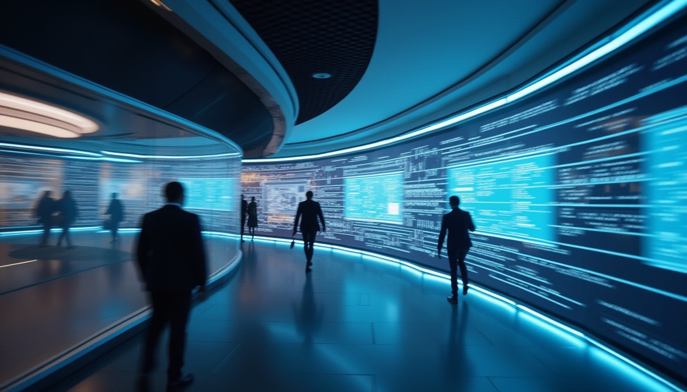 Figures of individuals walking in a corridor.