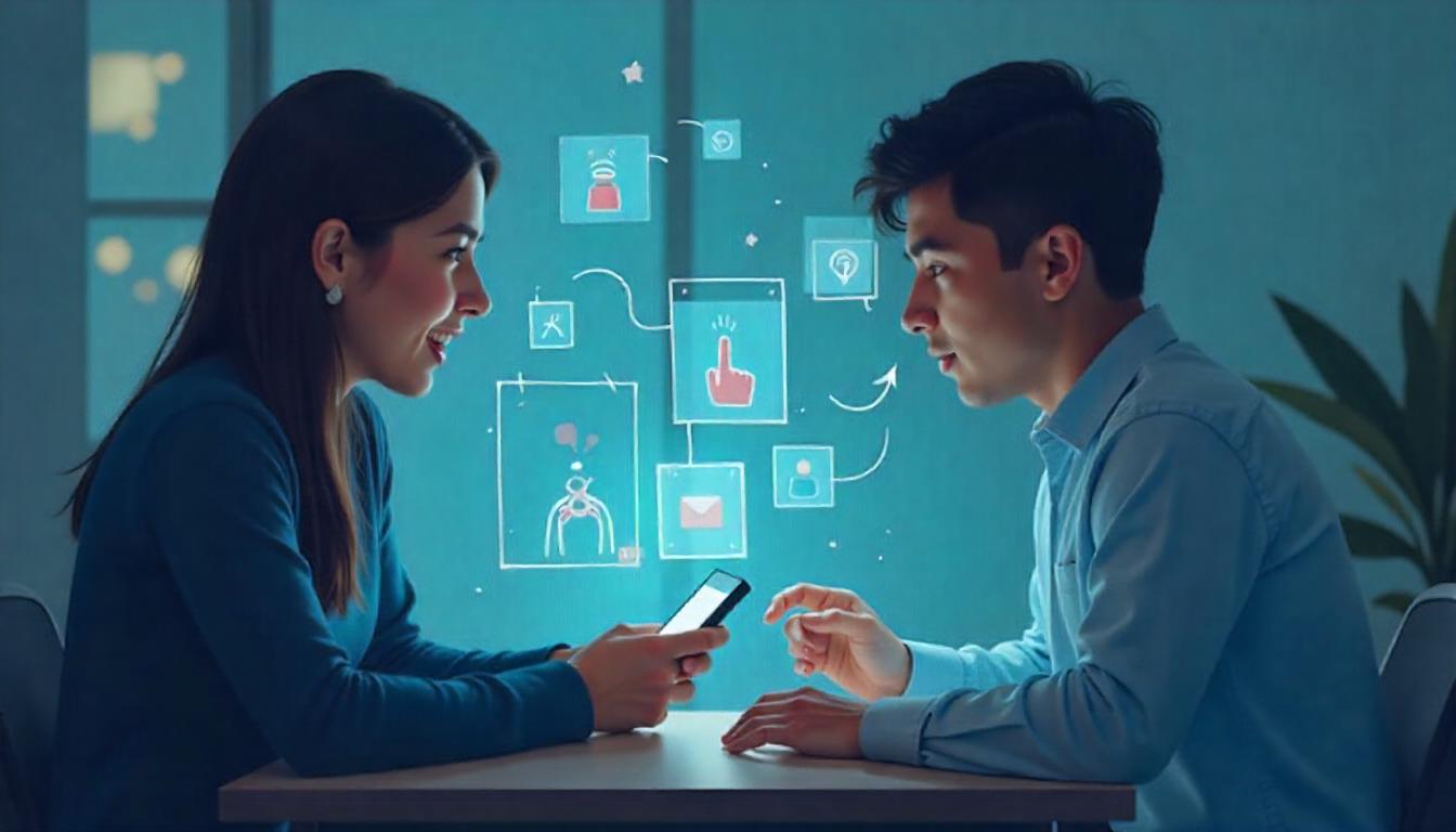 Man and woman sitting face to face, chatting on a mobile phone