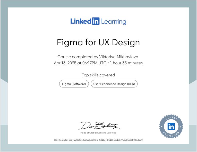 LinkedIn Learning Certificate of Completion – Figma for UX Design course by Viktoriya Mikhaylova