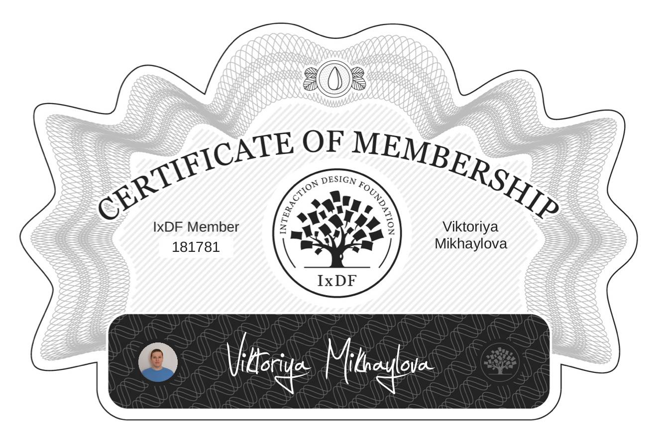 Viktoriya Mikhaylova´s IxDF membership certificate