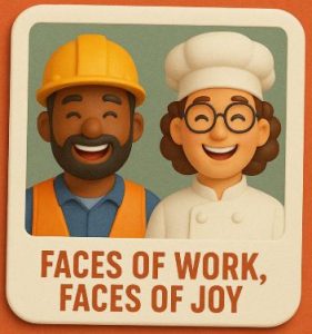 Illustration of two smiling workers, representing the Faces of Work, Faces of Joy photography exhibition