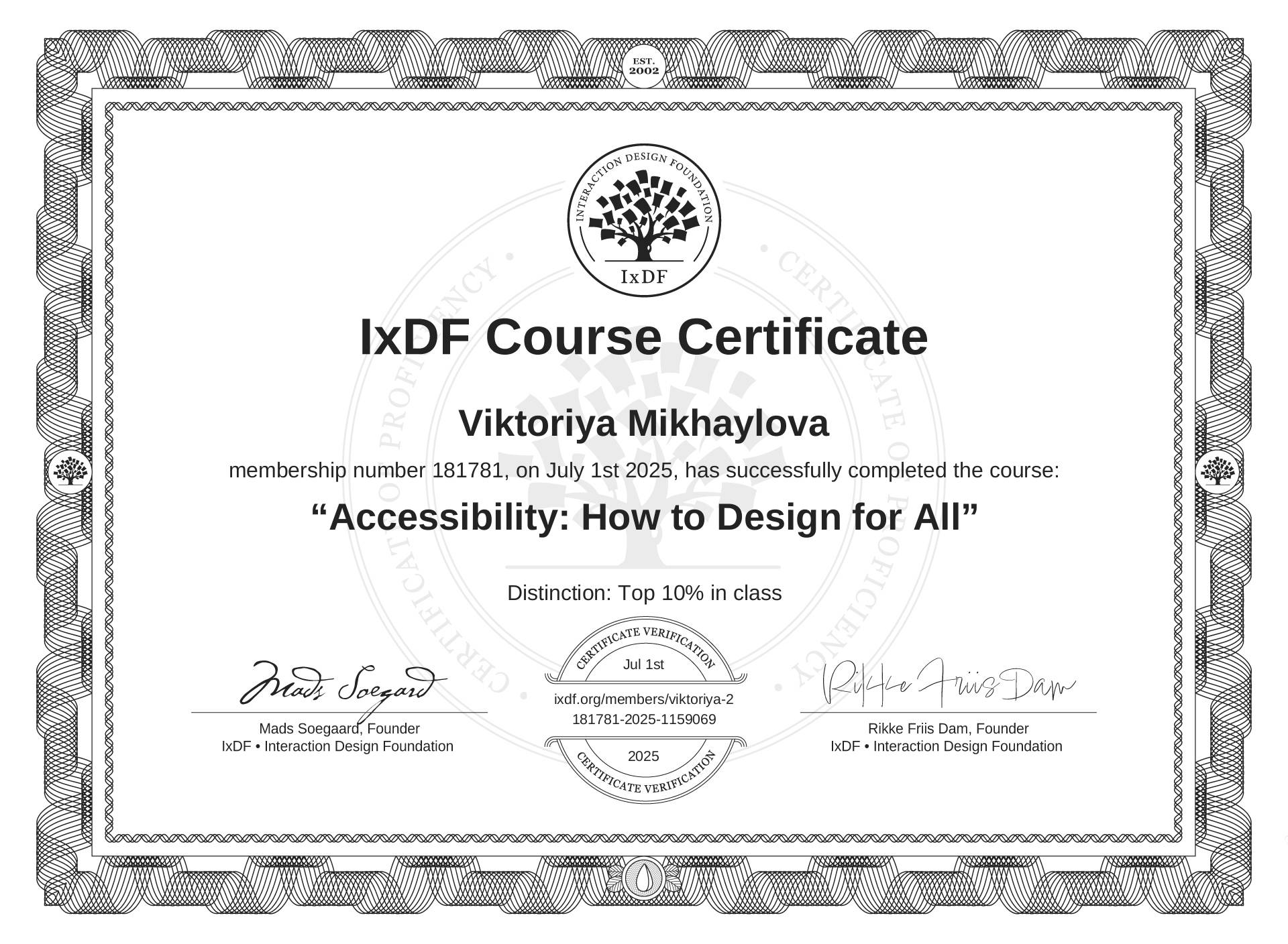 Viktoriya Mikhaylova - IXDF Course Certificate - Accessibility: How to design for all