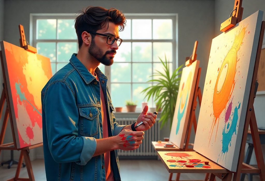 Young Hispanic male artist in denim jacket stands in art studio, surrounded by abstract paintings, reflecting on his creativity.