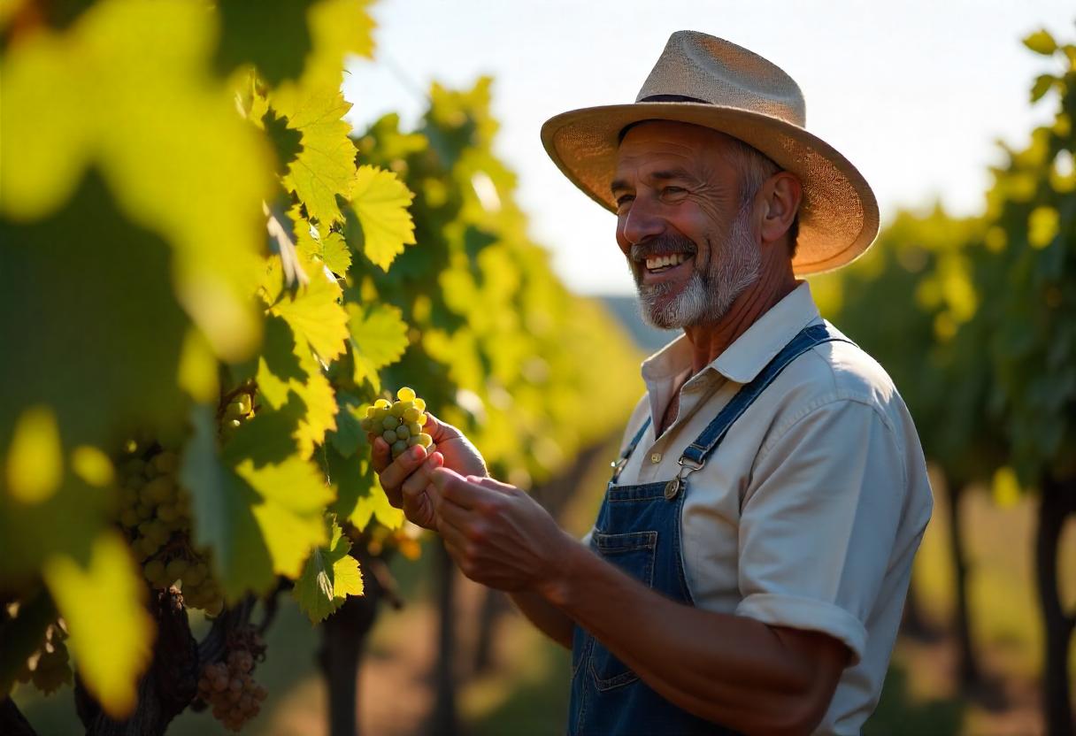 A joyful man smiles warmly in the heart of a vineyard, bathed in natural light.