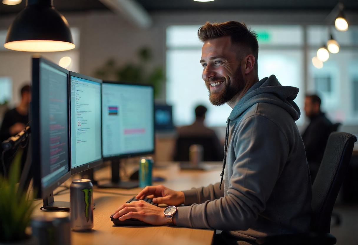 A smiling developer sits at a modern workstation, surrounded by multiple monitors displaying lines of code.