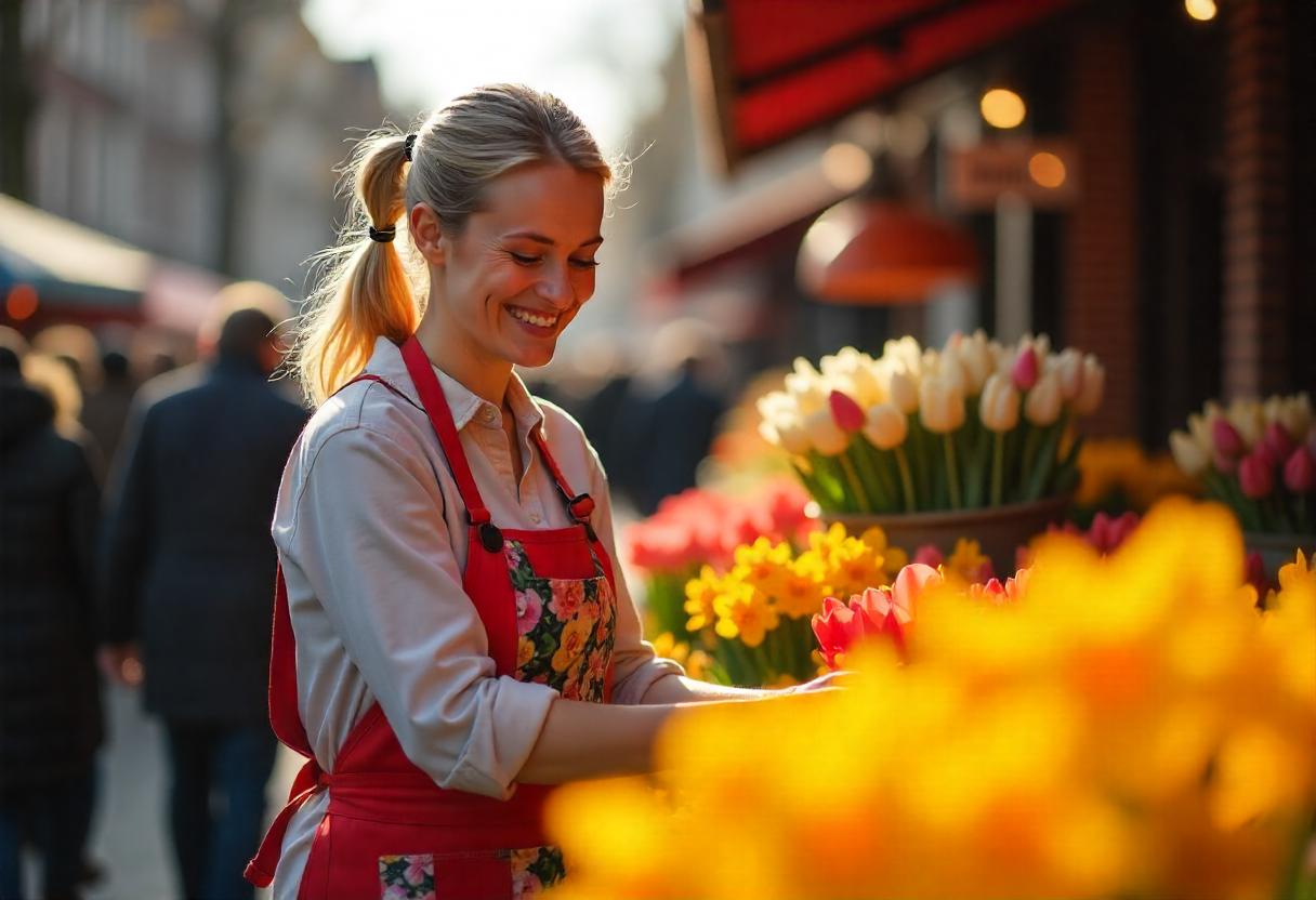A joyful woman smiles warmly while arranging vibrant flowers at her market stall, radiating pride and happiness.