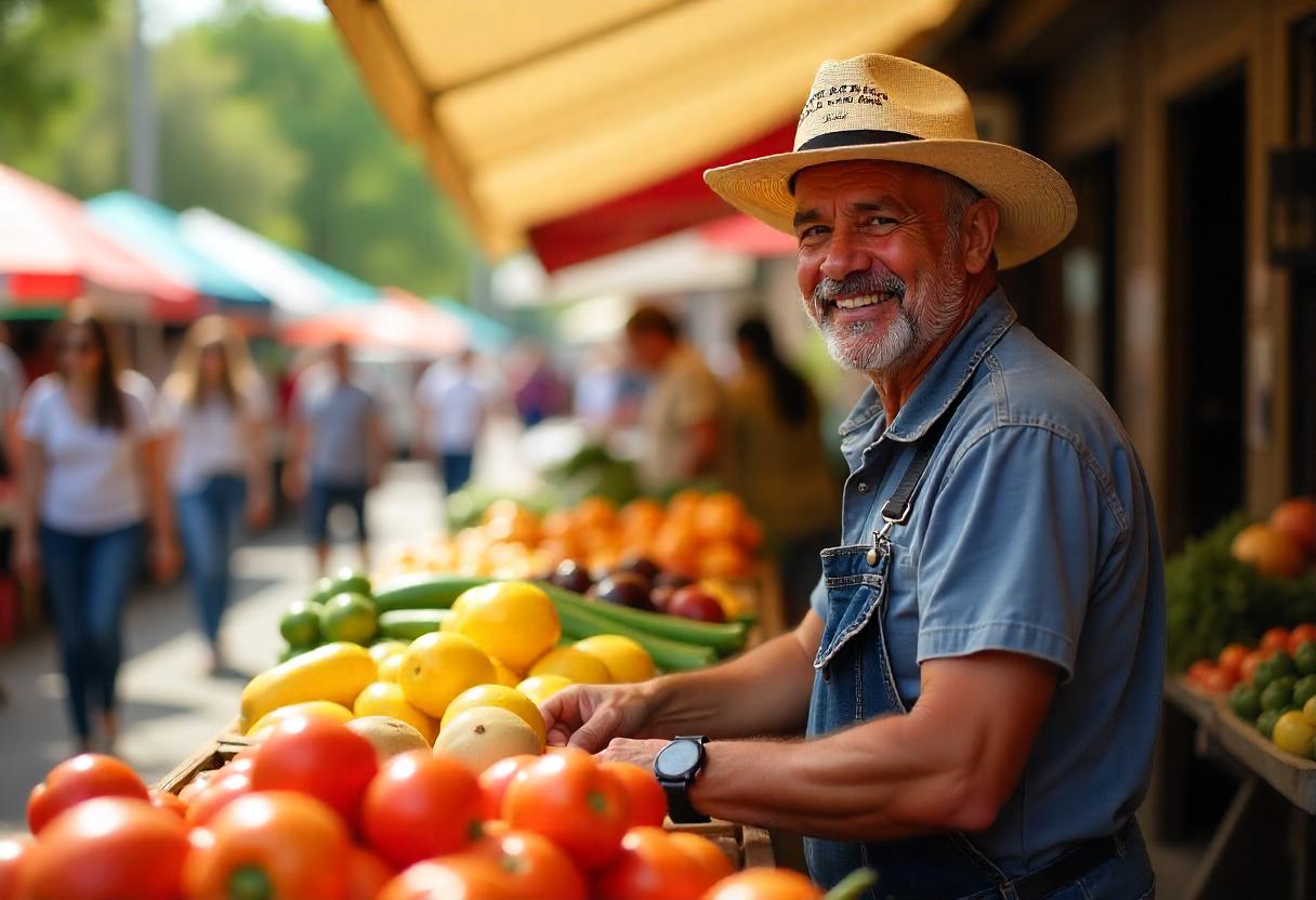 A cheerful man stands behind a vibrant market stall filled with fresh fruits and vegetables.