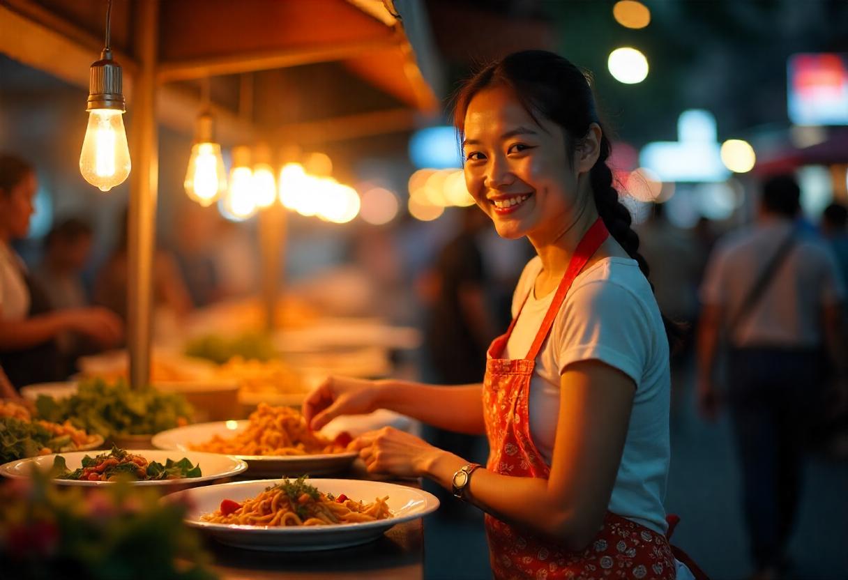 A woman smiles warmly as she serves food onto several plates at a street kitchen.