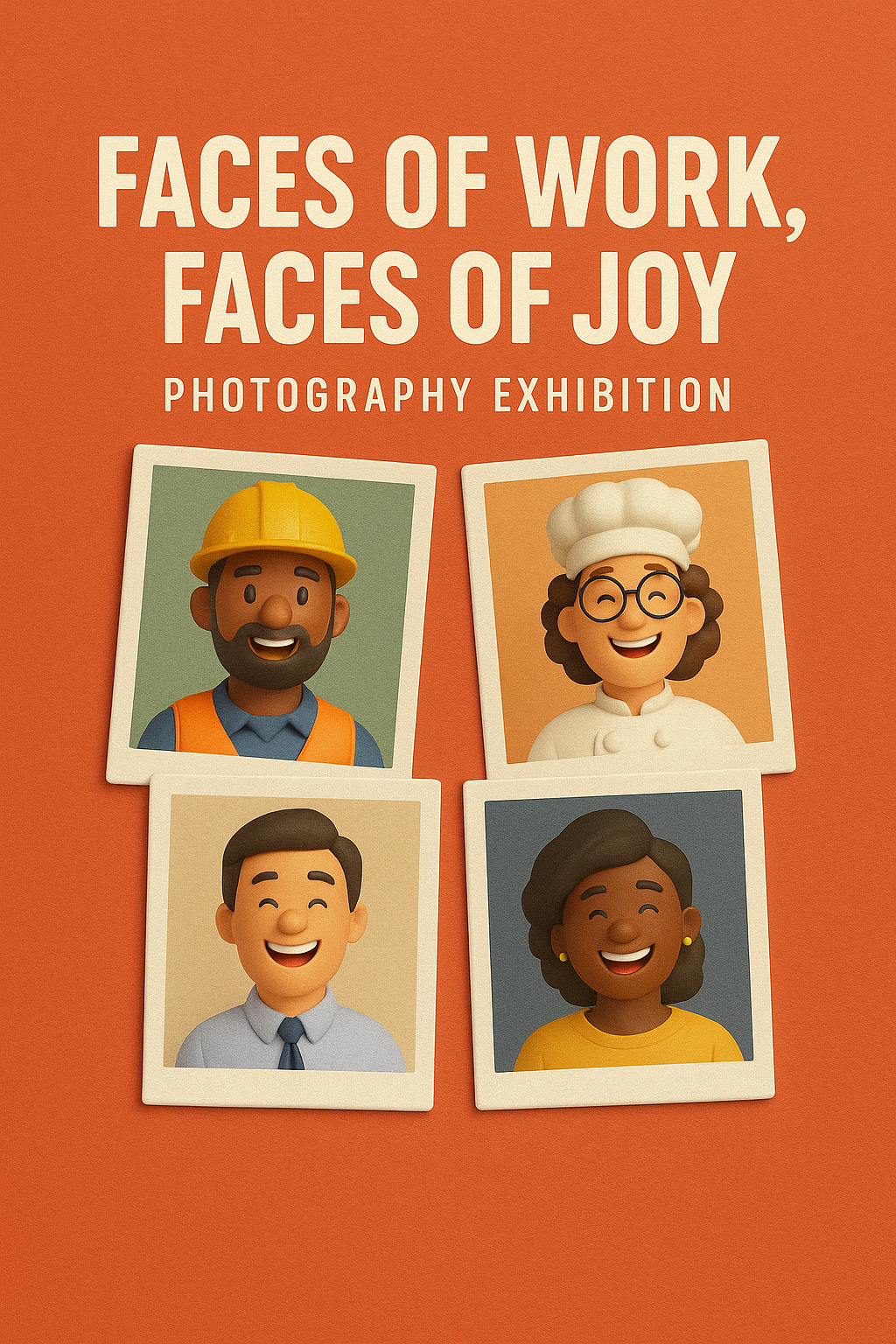 Poster featuring a 3D illustration of smiling workers from diverse backgrounds and professions standing together, showcasing unity and joy in their work.